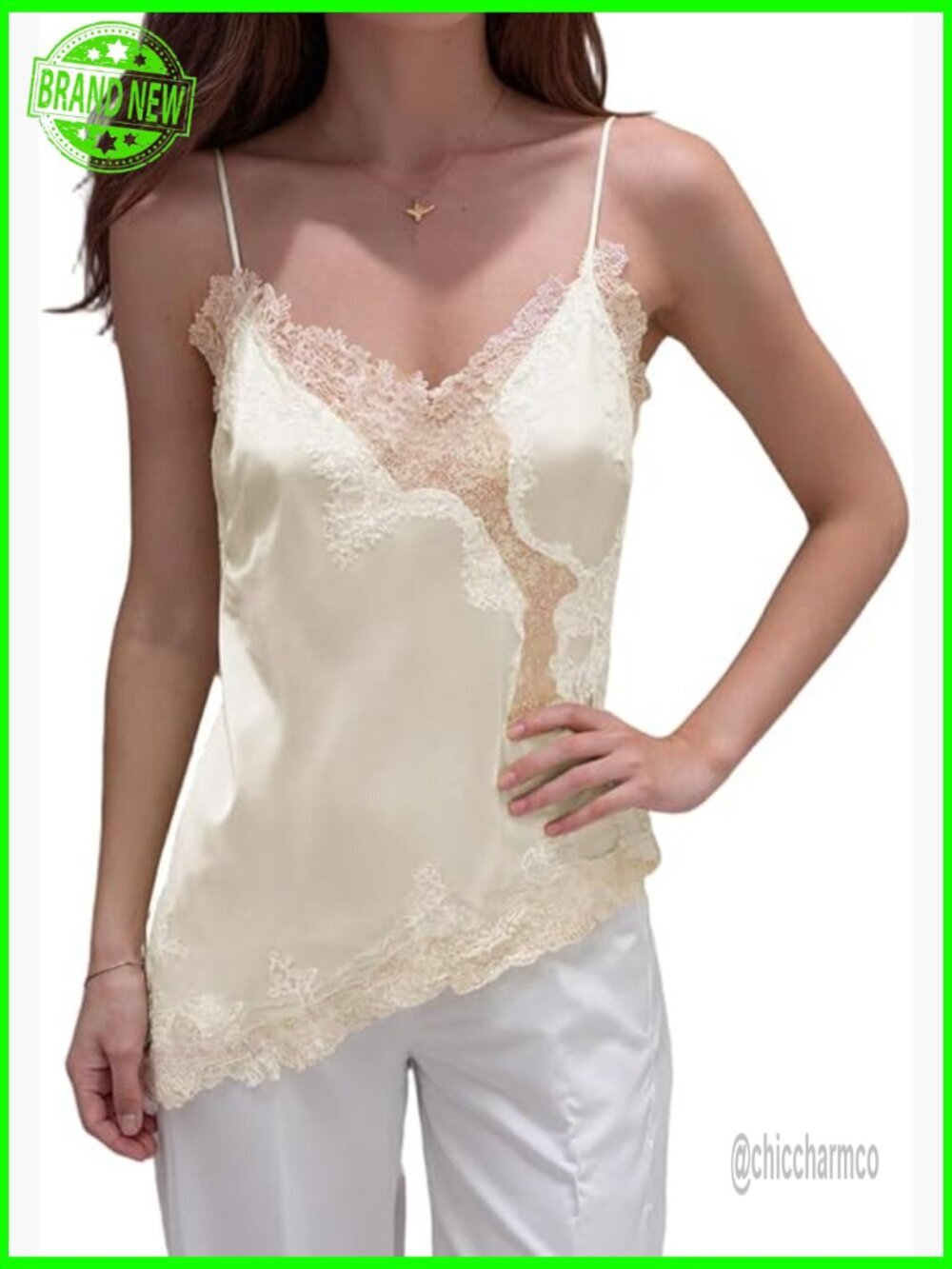 Sexy Spaghetti Strap Lace Trim Satin Tank Top Y2K V Neck Backless Asymmetrical